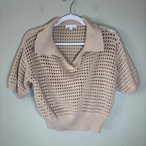Miou Muse Women Tan Beige Open Knit Polo Sweater Crochet Short Sleeve T3461 M